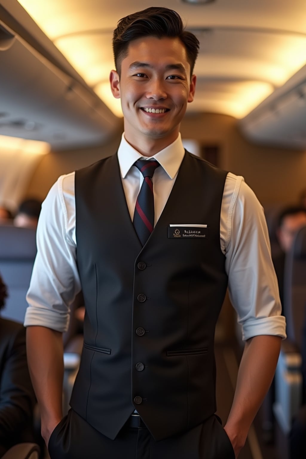 man as a flight attendant in business class, wearing  a powerful presence in a premium flight attendant uniform with vest and broad chest, serving gourmet meals on long-haul flight