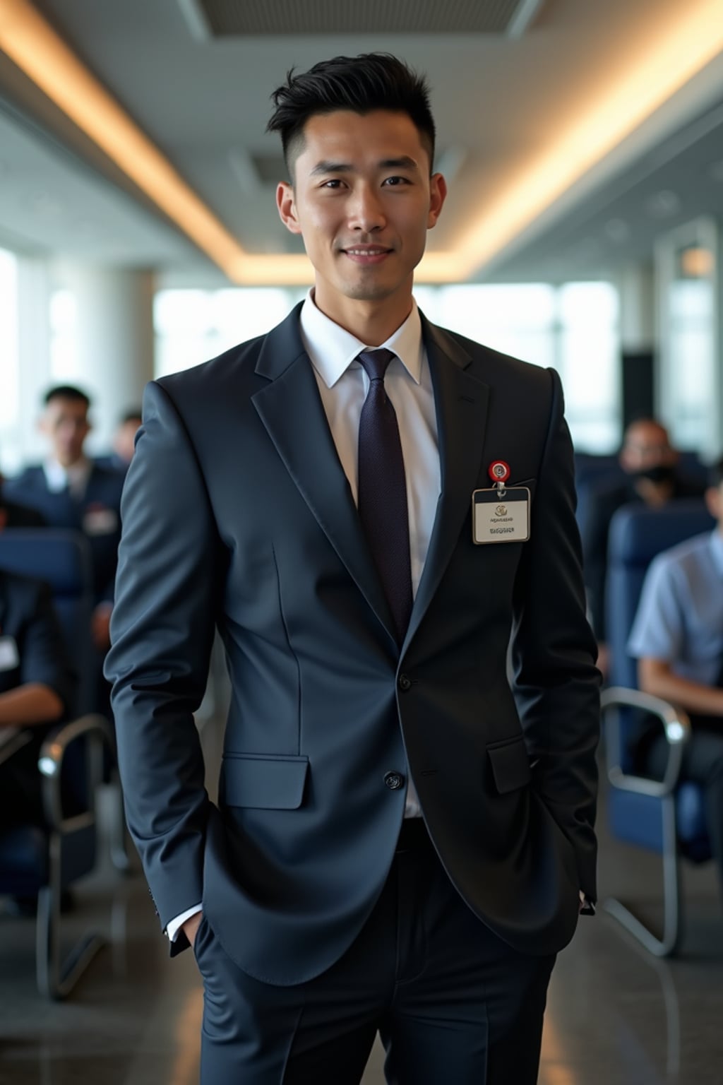 man as a flight attendant at airport briefing room, wearing  an imposing figure in a sharp flight attendant uniform with name tag and muscular frame, preparing for flight with colleagues