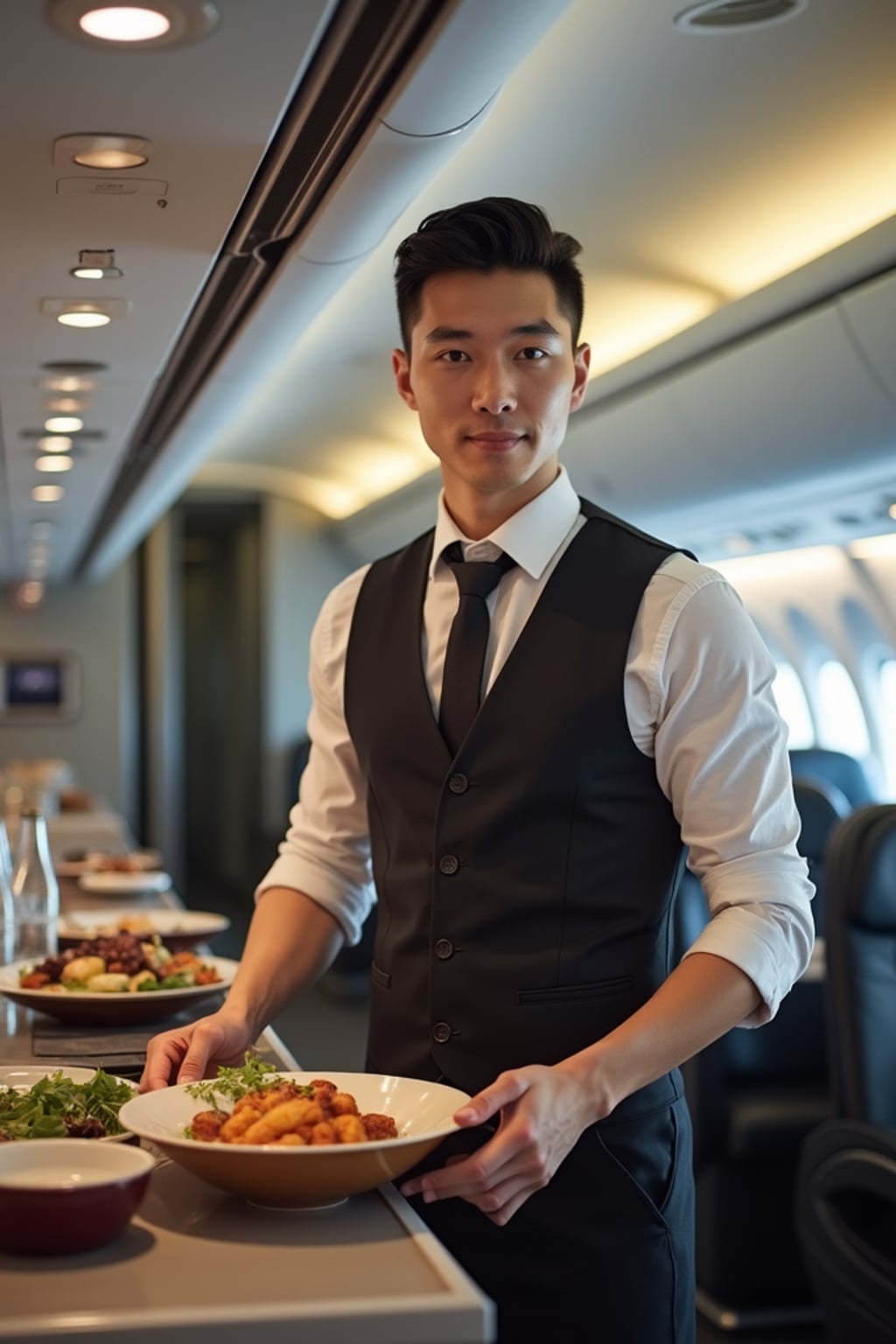 man as a flight attendant in the galley of a modern aircraft, wearing  a powerful stance in a well-fitted flight attendant uniform with tie and strong jawline, preparing meal service