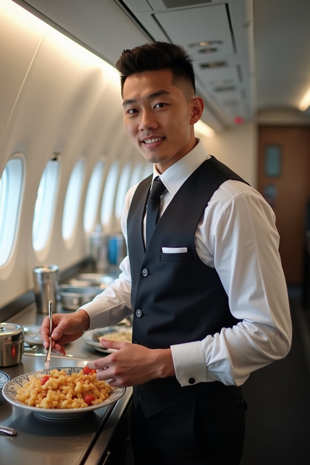 man as a flight attendant in the galley of a modern aircraft, wearing  a powerful stance in a well-fitted flight attendant uniform with tie and strong jawline, preparing meal service