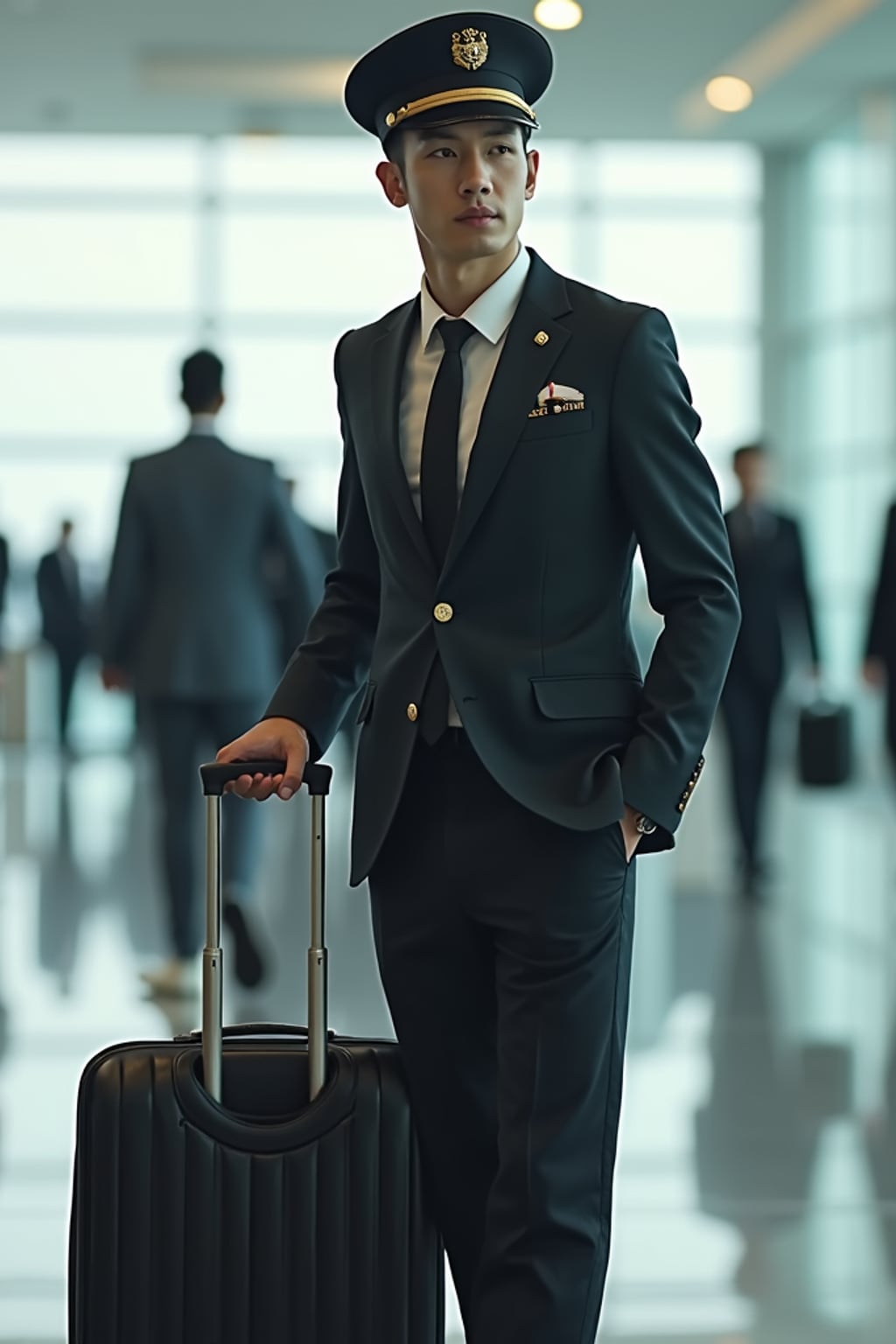 man as a flight attendant at airport terminal, wearing  a commanding presence in a sharp flight attendant uniform with cap and broad chest, confidently pulling cabin luggage through international terminal