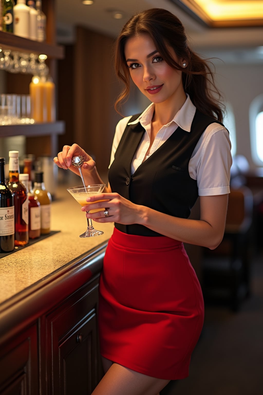 woman as a flight attendant at onboard bar area, wearing a seductive flight attendant uniform with smoky eye makeup, sheer stockings and thigh-high skirt , preparing specialty cocktails for passengers
