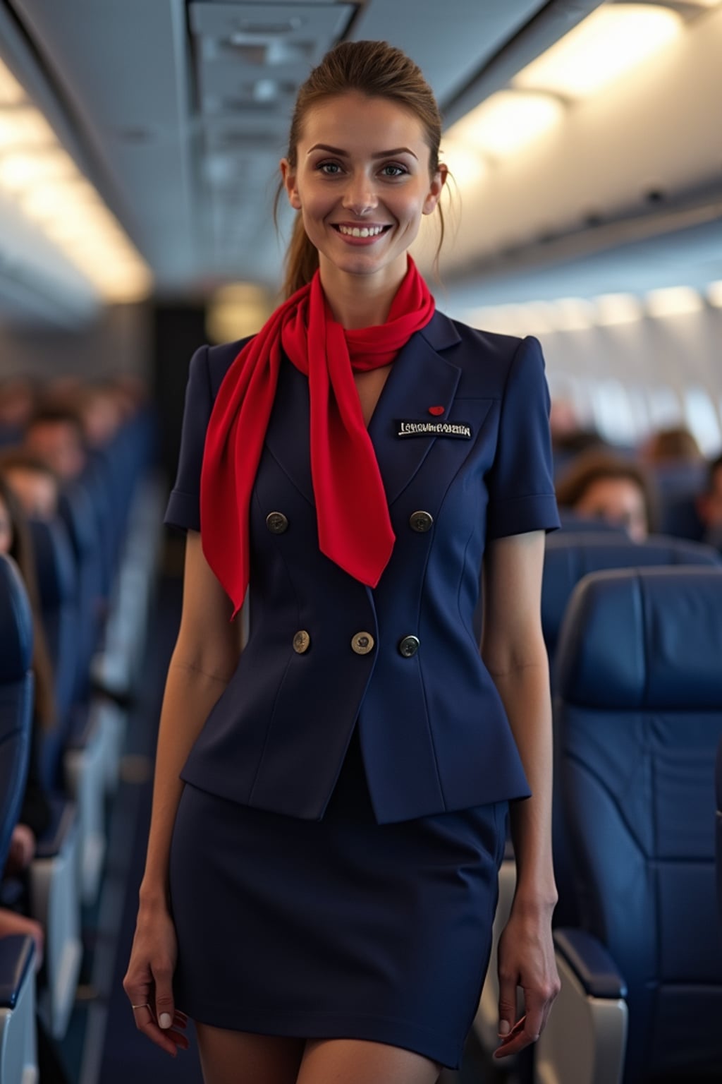 woman as a flight attendant in the airplane cabin, wearing a form-fitting navy blue flight attendant uniform, red silk scarf, sheer pantyhose, short skirt and stiletto heels , seductive smile while serving passengers