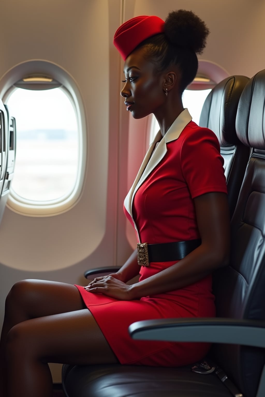 woman as a flight attendant in jumpseat, wearing a tight flight attendant uniform with seatbelt, sheer pantyhose and short skirt , preparing for landing