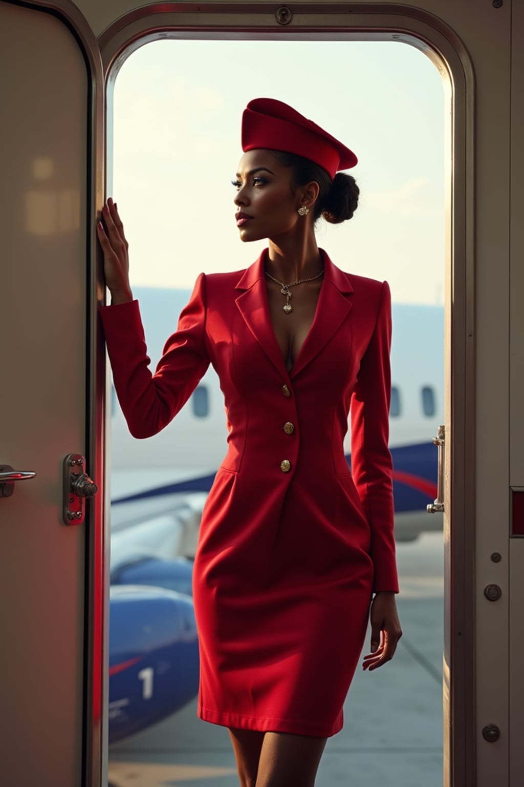 woman as a flight attendant in aircraft doorway, wearing a sexy flight attendant uniform with hat, sheer stockings and thigh-high skirt , greeting passengers during boarding