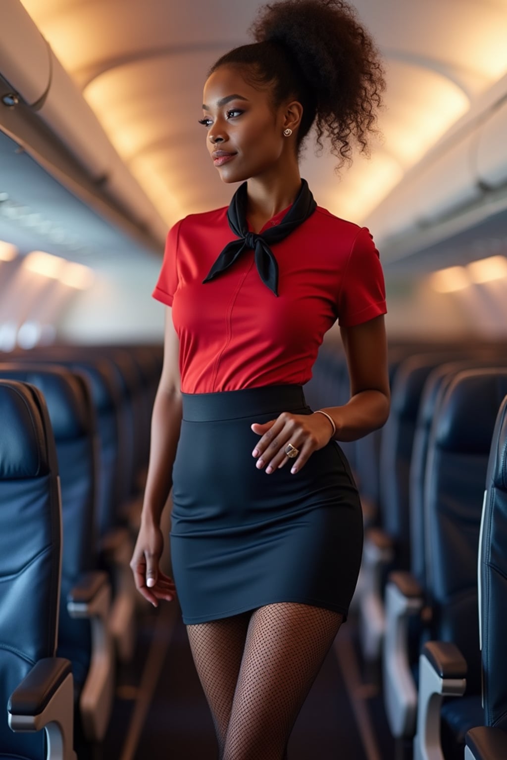 woman as a flight attendant in economy cabin, wearing a figure-flattering flight attendant uniform with neck scarf, fishnet stockings and short skirt , demonstrating emergency exit procedures