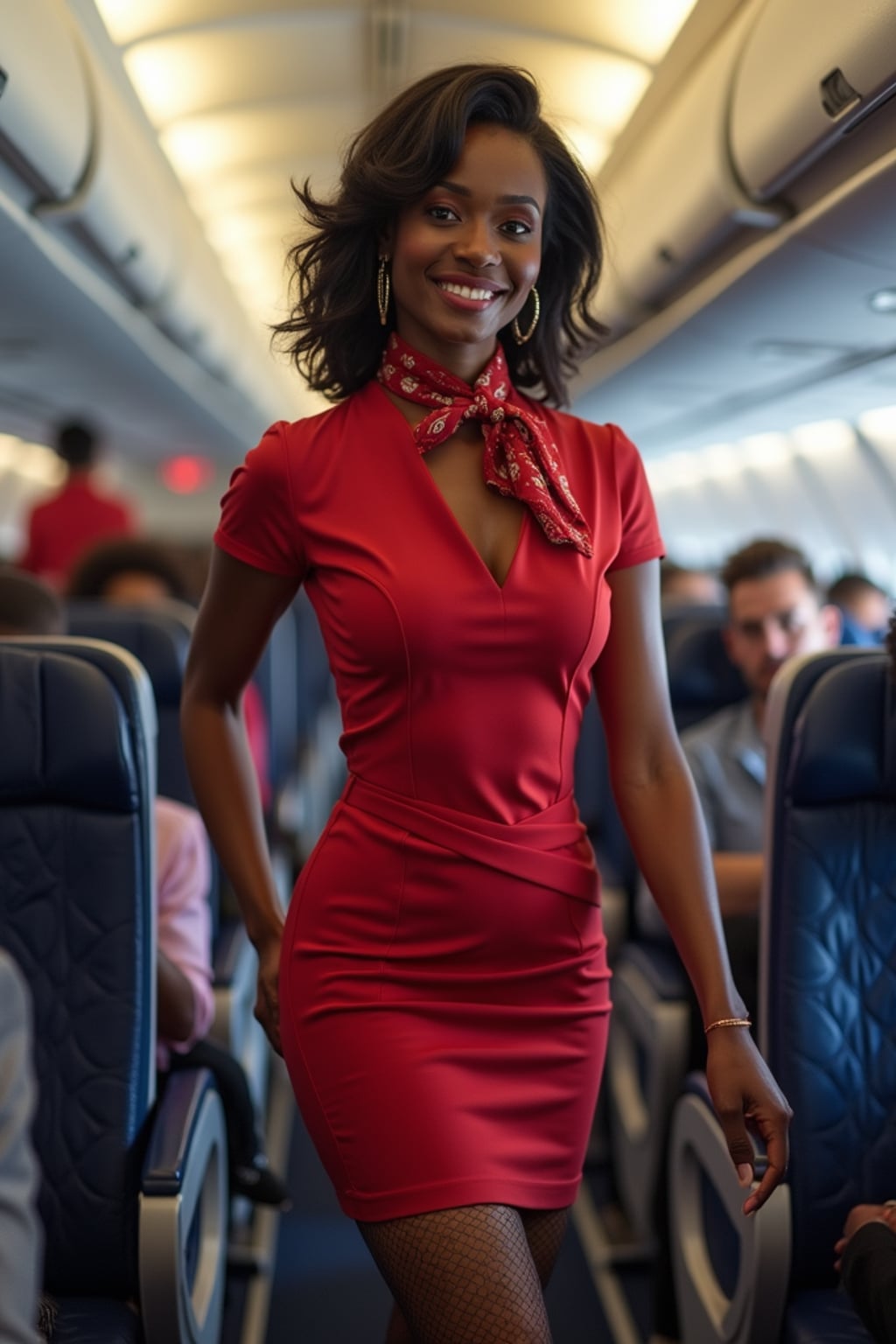 woman as a flight attendant in economy cabin, wearing a figure-flattering flight attendant uniform with neck scarf, fishnet stockings and short skirt , demonstrating emergency exit procedures