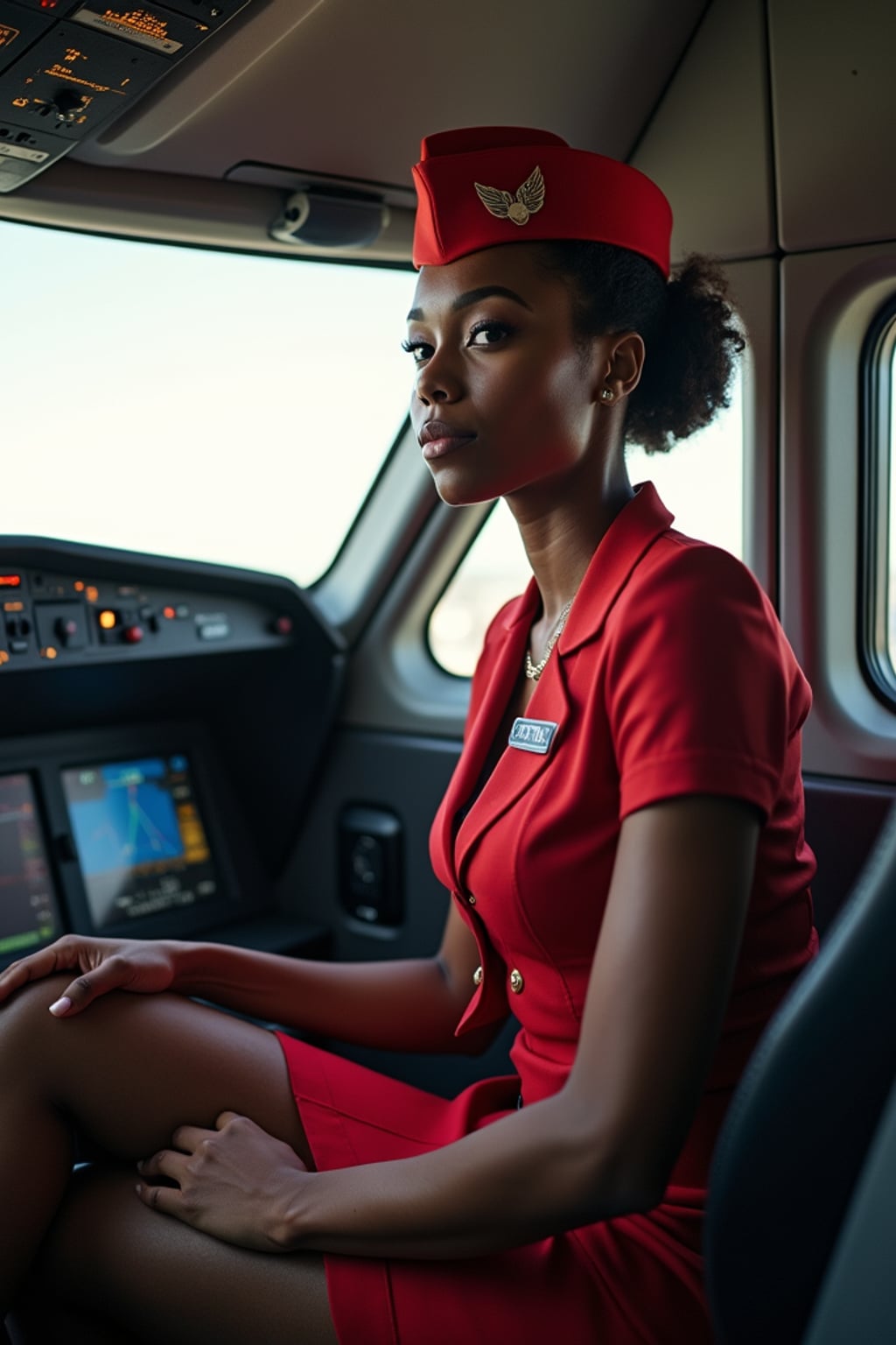 woman as a flight attendant in cockpit, wearing a sexy flight attendant uniform with wings pin, sheer pantyhose and mini skirt , sitting in pilot seat during pre-flight check