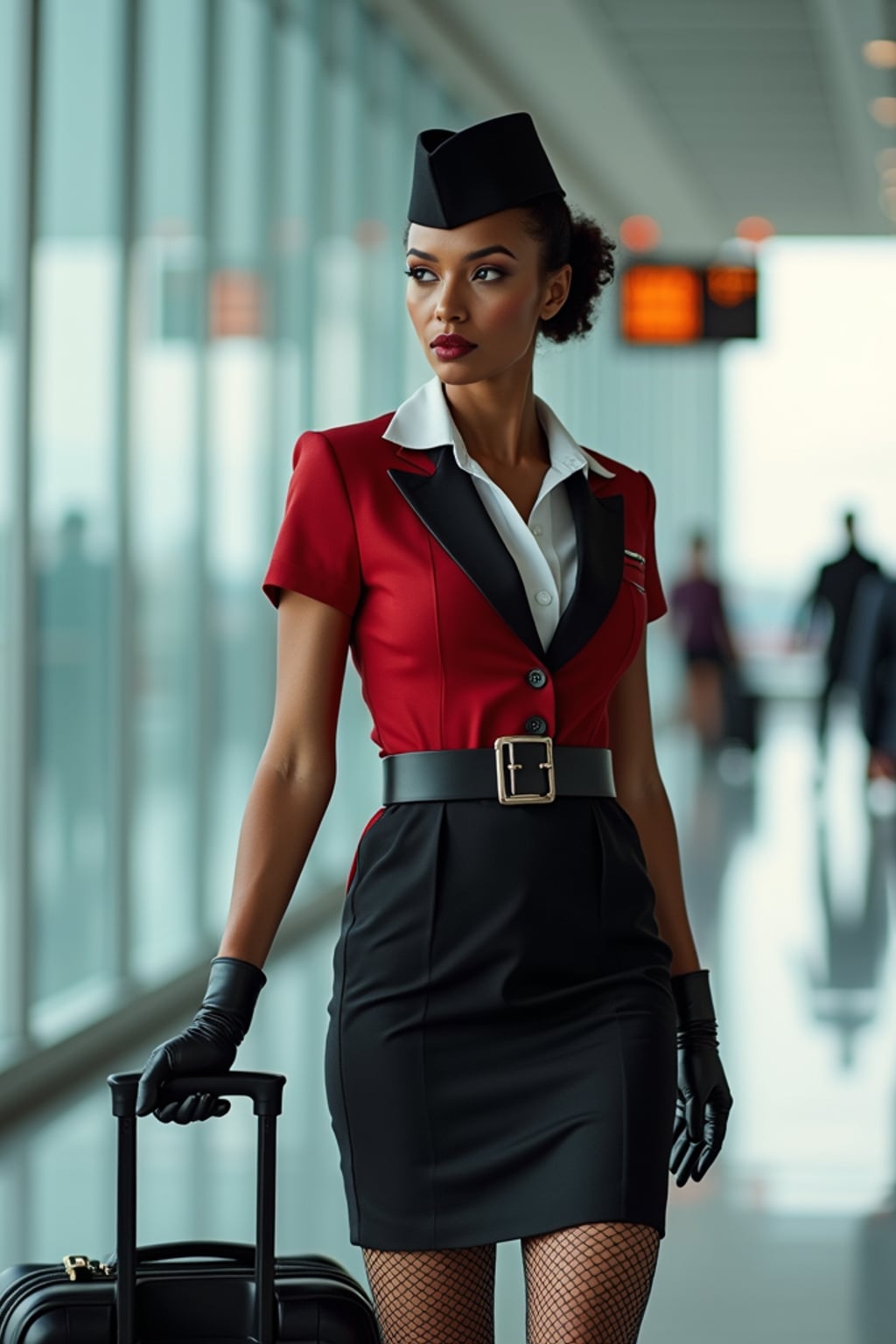 woman as a flight attendant at airport terminal, wearing a figure-hugging flight attendant uniform with hat, leather gloves, fishnet stockings and thigh-high skirt , confidently pulling cabin luggage through international terminal