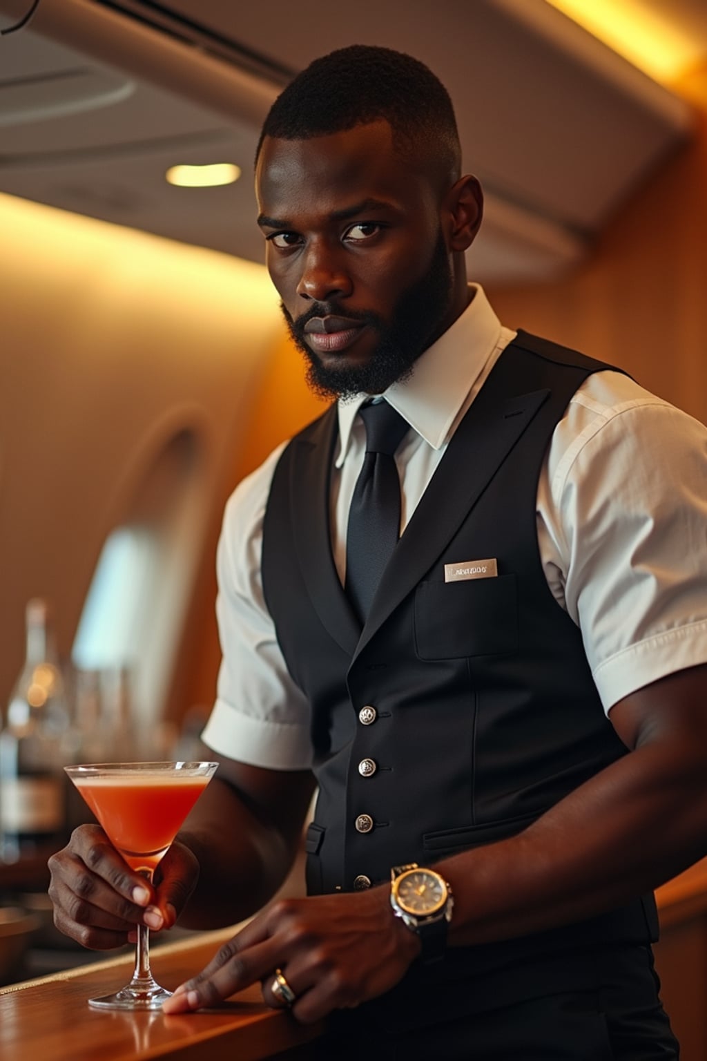 man as a flight attendant at onboard bar area, wearing  a commanding presence in a sophisticated flight attendant uniform with tie and strong jawline, preparing specialty cocktails for passengers