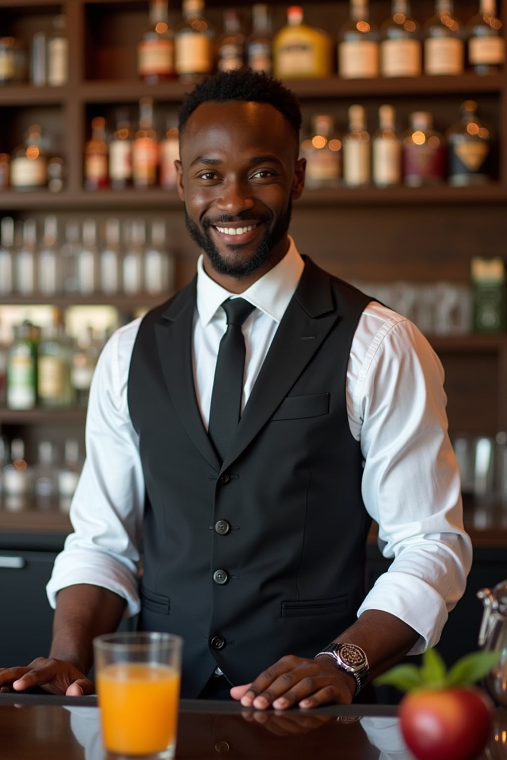 man as a flight attendant at onboard bar area, wearing  a commanding presence in a sophisticated flight attendant uniform with tie and strong jawline, preparing specialty cocktails for passengers
