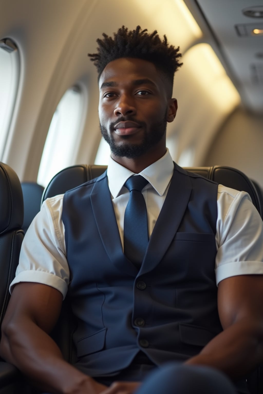 man as a flight attendant in crew rest area, wearing  a powerful presence in a casual version of flight attendant uniform with strong arms, taking a short break during long-haul flight