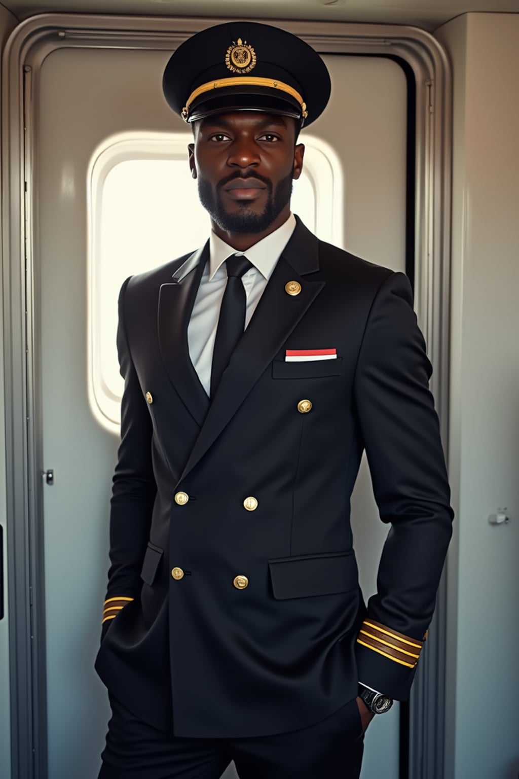 man as a flight attendant in aircraft doorway, wearing  an authoritative presence in a professional flight attendant uniform with cap and broad shoulders, greeting passengers during boarding
