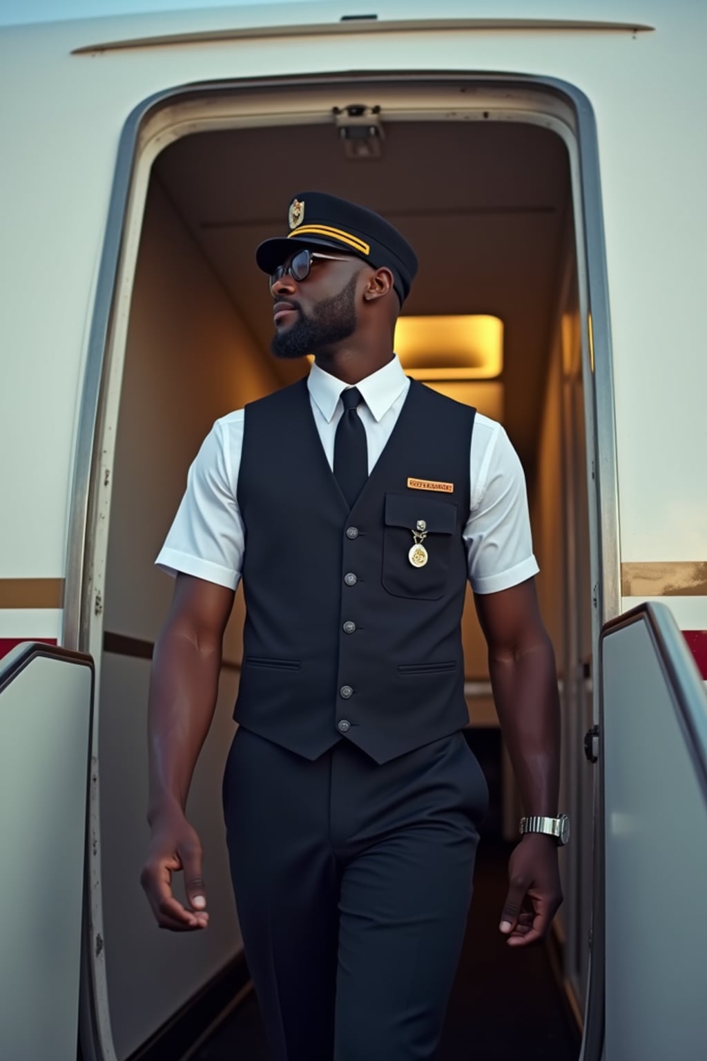 man as a flight attendant in aircraft doorway, wearing  an authoritative presence in a professional flight attendant uniform with cap and broad shoulders, greeting passengers during boarding