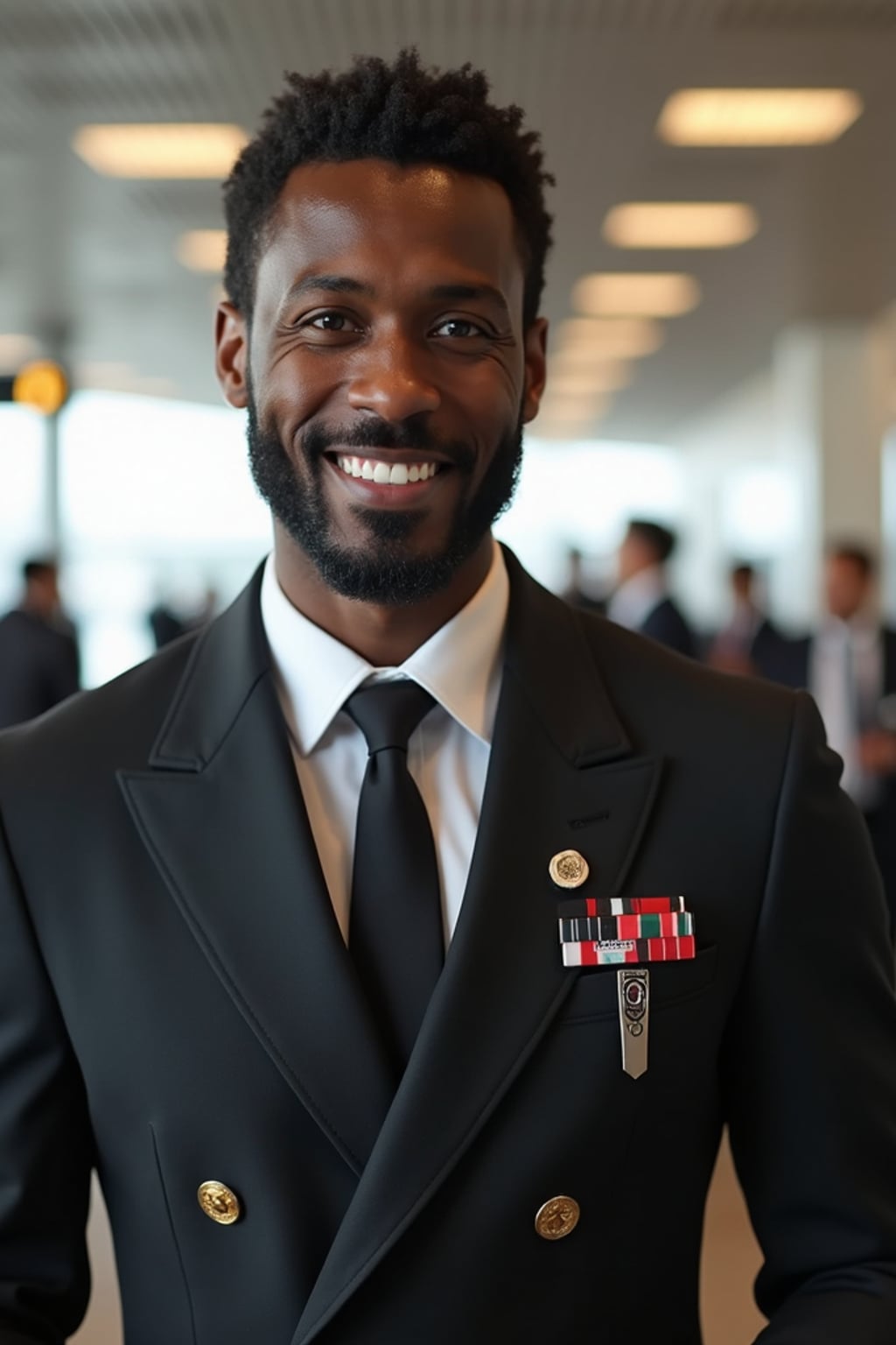 man as a flight attendant at boarding gate, wearing  a commanding presence in a professional flight attendant uniform with groomed appearance and strong jawline, checking boarding passes