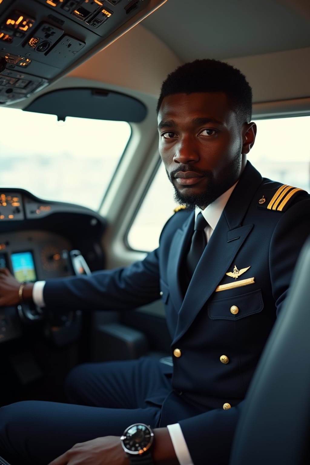 man as a flight attendant in cockpit, wearing  a commanding presence in a professional flight attendant uniform with wings badge and strong features, sitting in pilot seat during pre-flight check