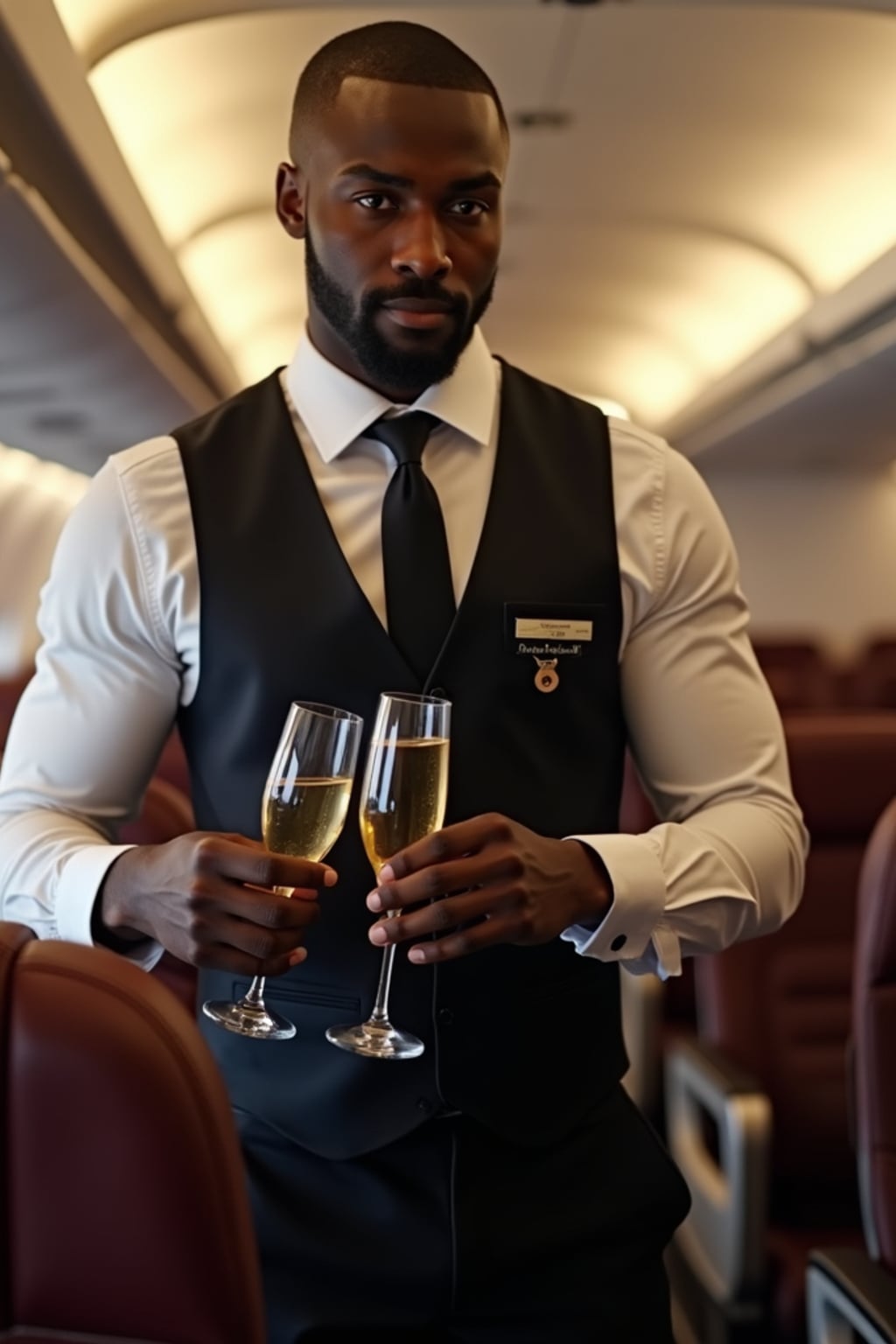 man as a flight attendant in first class cabin, wearing  a dominant presence in a premium flight attendant uniform with vest and tie, broad shoulders, serving champagne to passengers