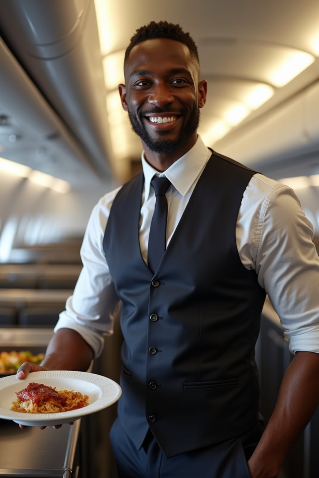 man as a flight attendant in the galley of a modern aircraft, wearing  a powerful stance in a well-fitted flight attendant uniform with tie and strong jawline, preparing meal service