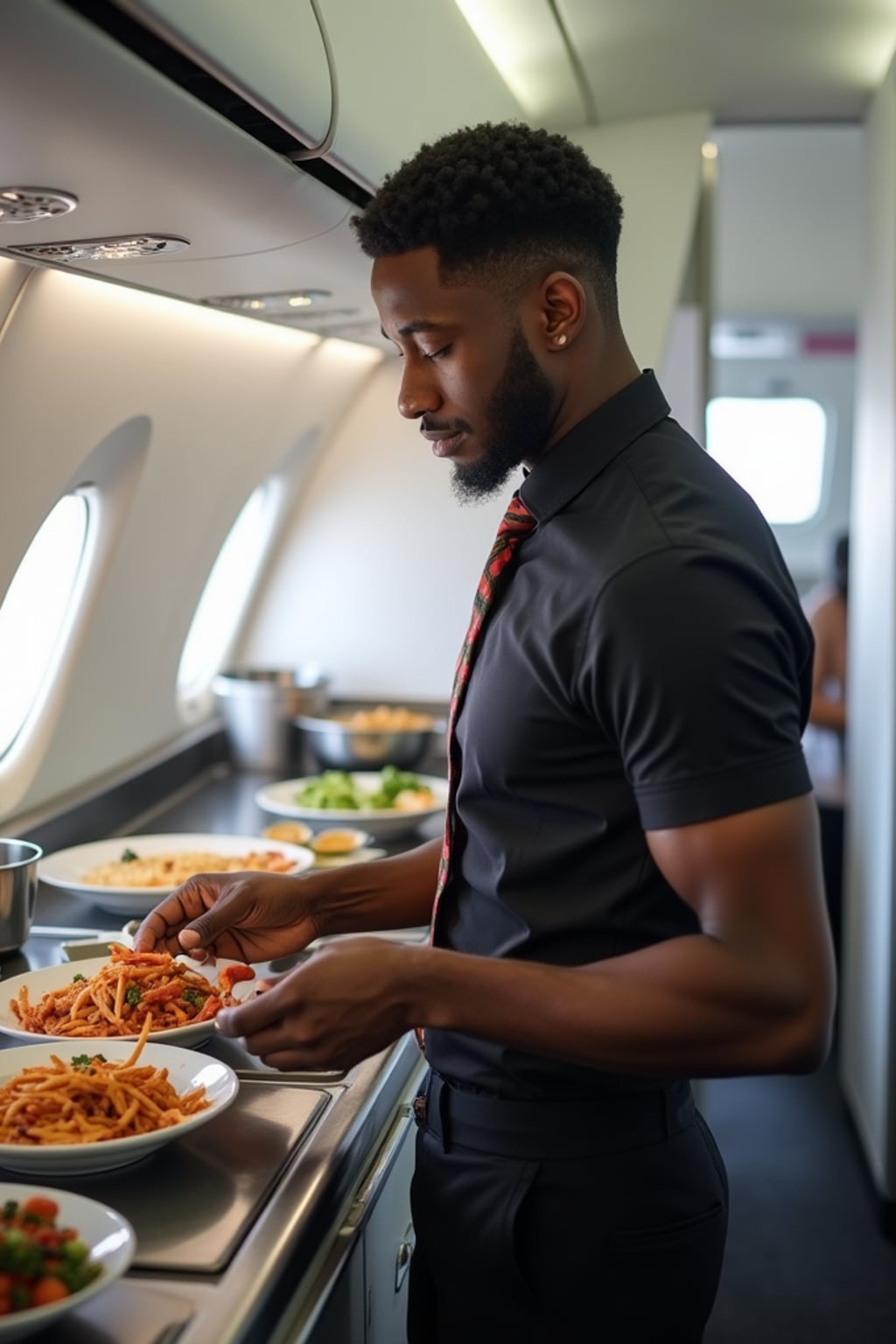man as a flight attendant in the galley of a modern aircraft, wearing  a powerful stance in a well-fitted flight attendant uniform with tie and strong jawline, preparing meal service