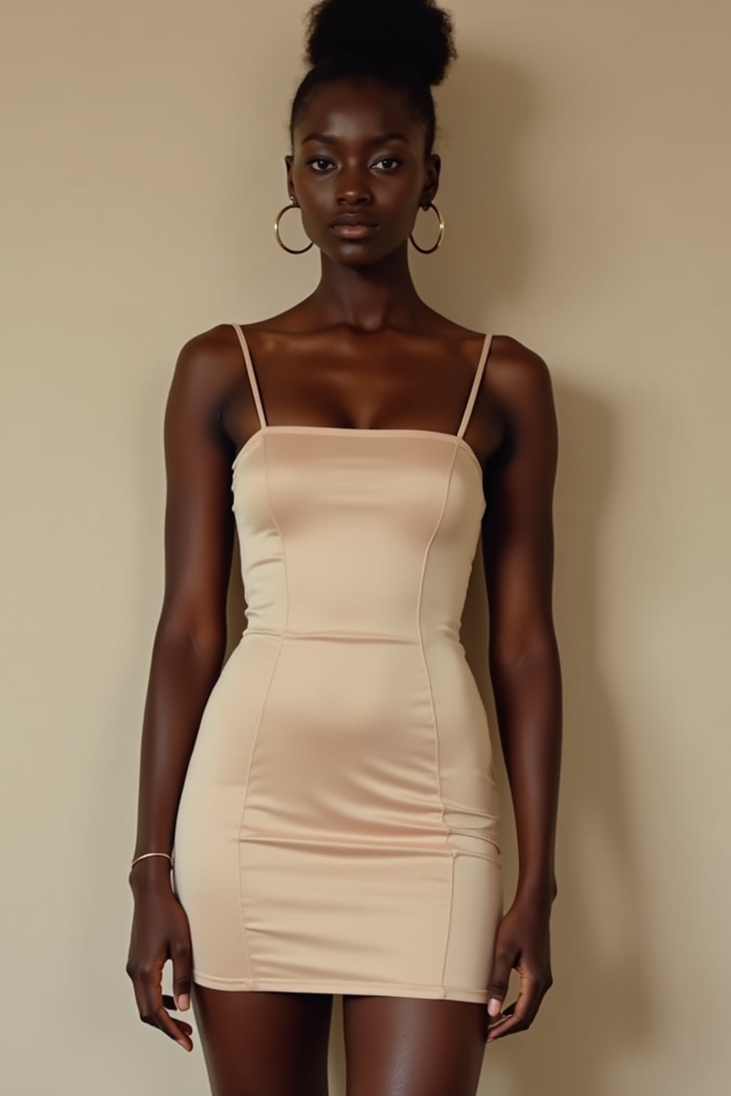 woman in form fitting skin tight polyester nude colored dress