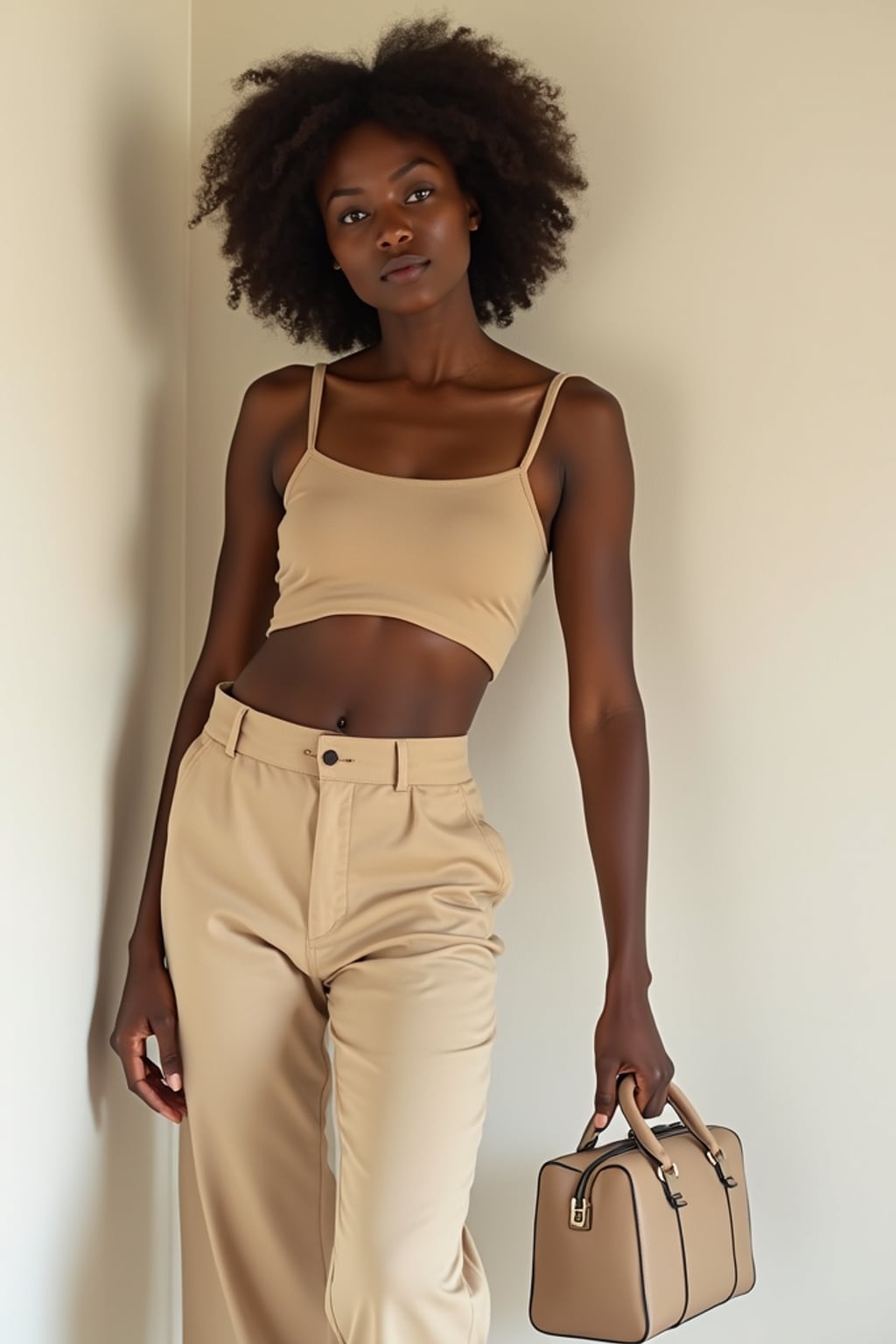 fashion woman in nude-toned cropped top and trousers, holding a neutral handbag, posing in soft daylight, minimalist aesthetic