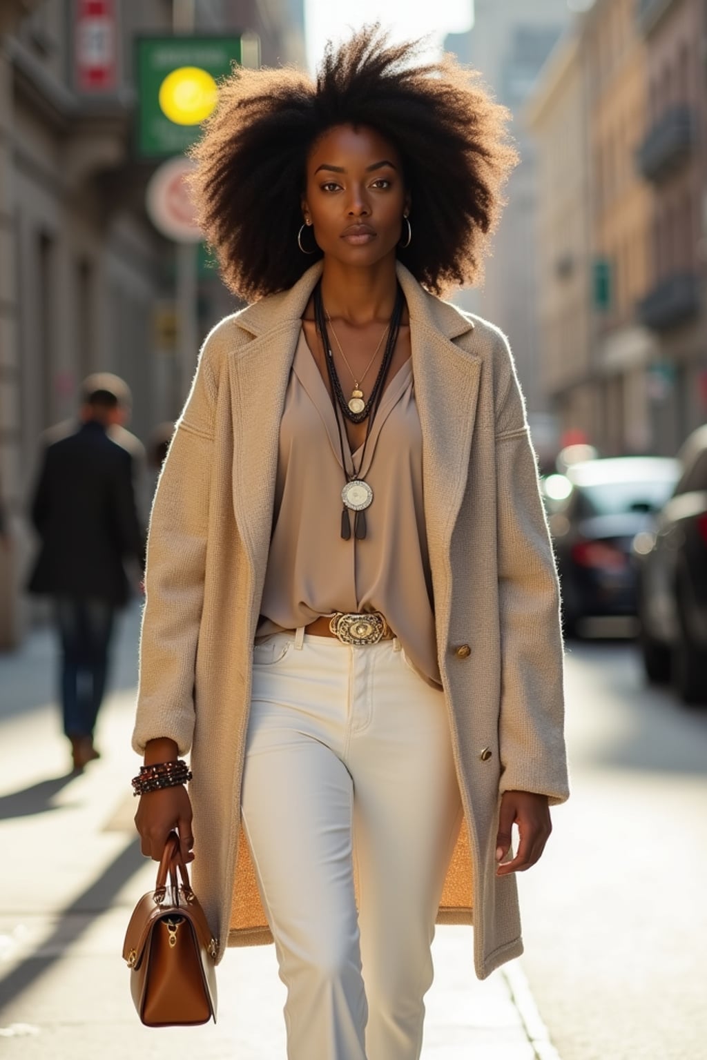 woman wearing nude beige cardigan with white pants and leather accessories, walking outdoors in sunlight, fashion street style shoot