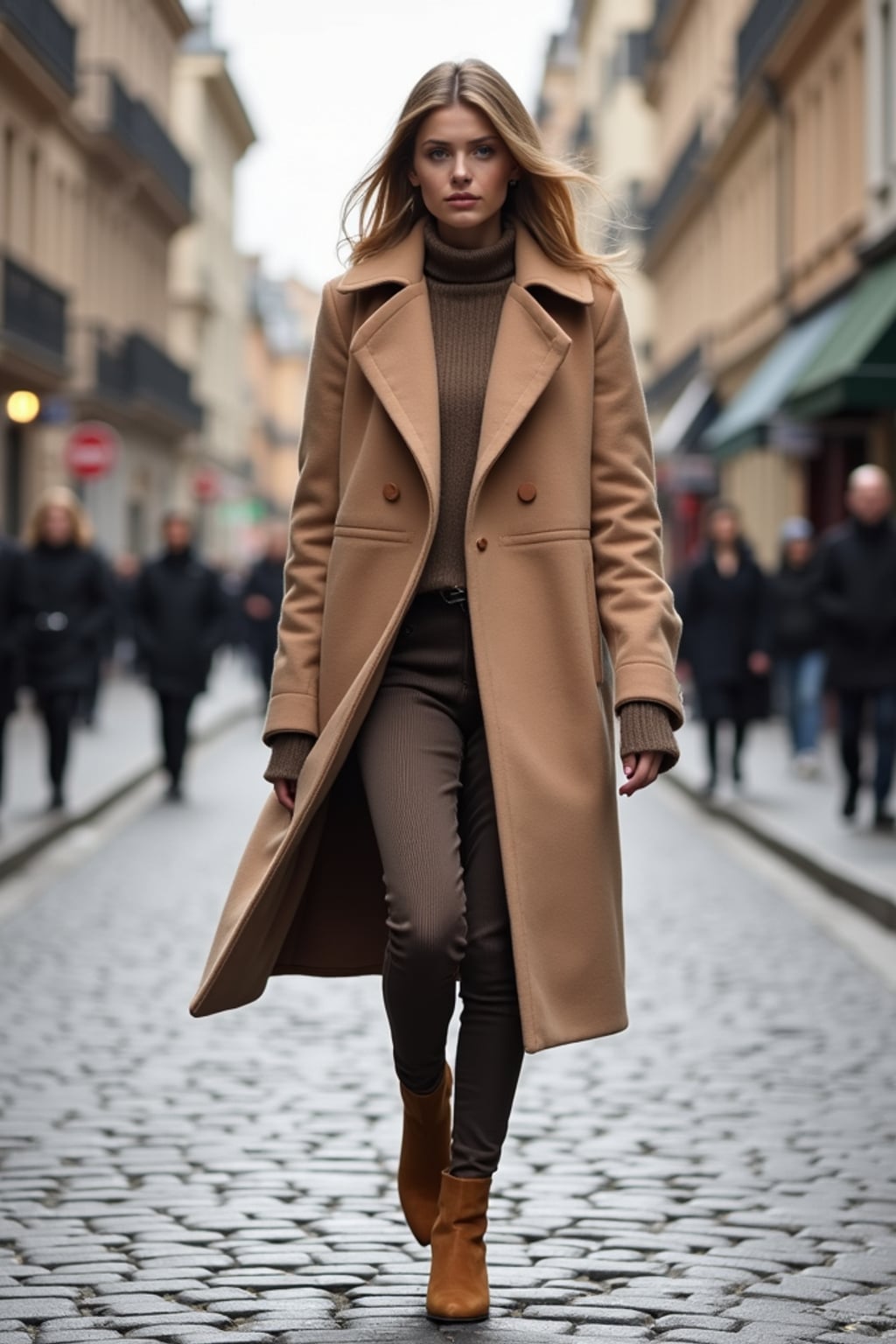 elegant woman in nude color palette (coat, turtleneck, boots), walking on cobblestone street, high-end street style fashion shoot
