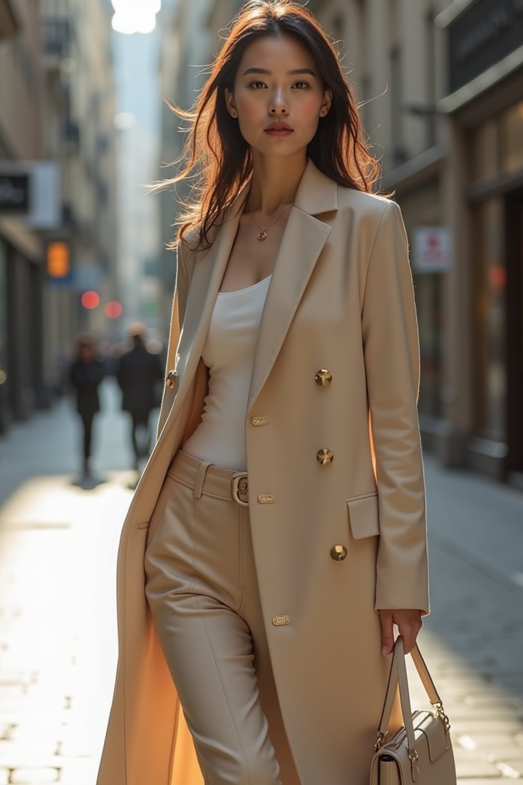 high fashion woman in nude-toned monochromatic outfit, including overcoat and handbag, urban setting, professional lighting and soft shadows, luxury editorial photo