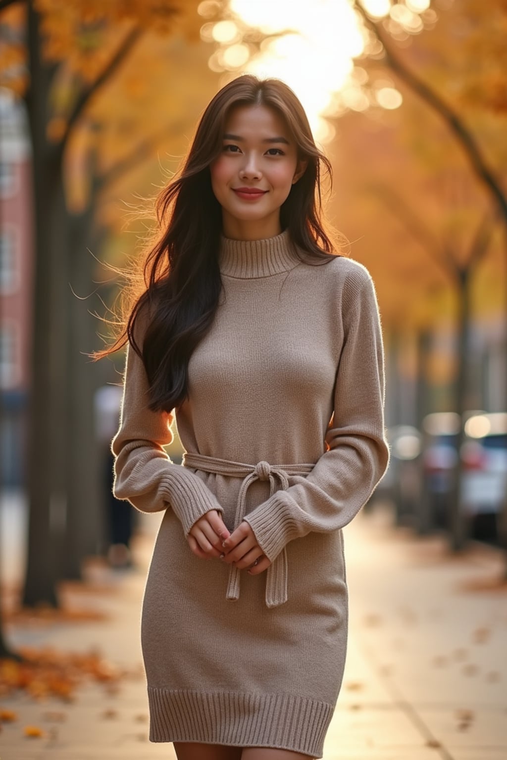 chic woman wearing a nude-toned sweater dress with a belt, standing near autumn trees, soft golden hour lighting, cozy and elegant look, urban backdrop