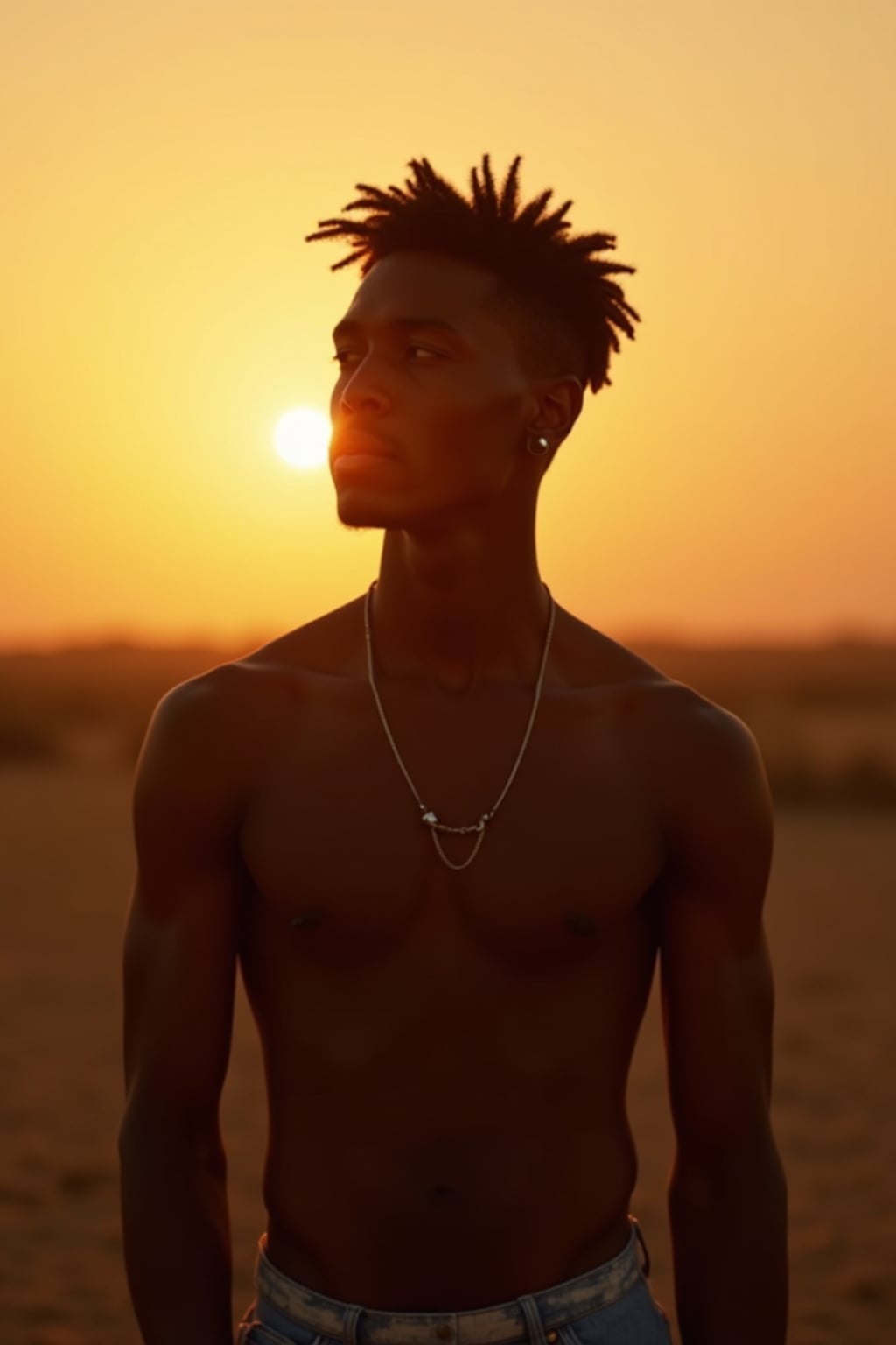 Full body golden hour candid of man.  Complete candid moment in sunset. Golden hour documentary style.