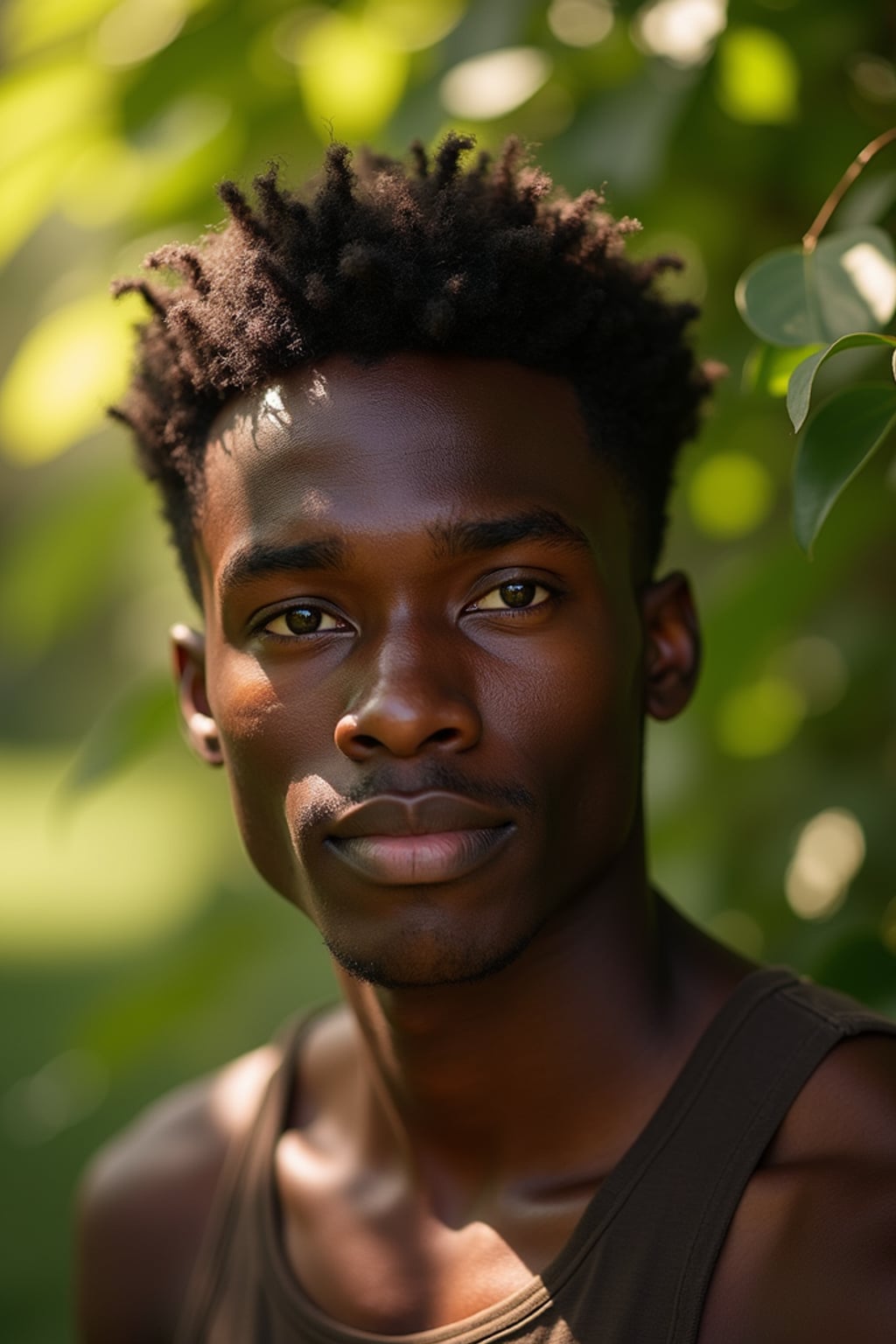 Model in a natural outdoor portrait.  Warm sunlight filtering through leaves. Environmental portrait, organic lighting.