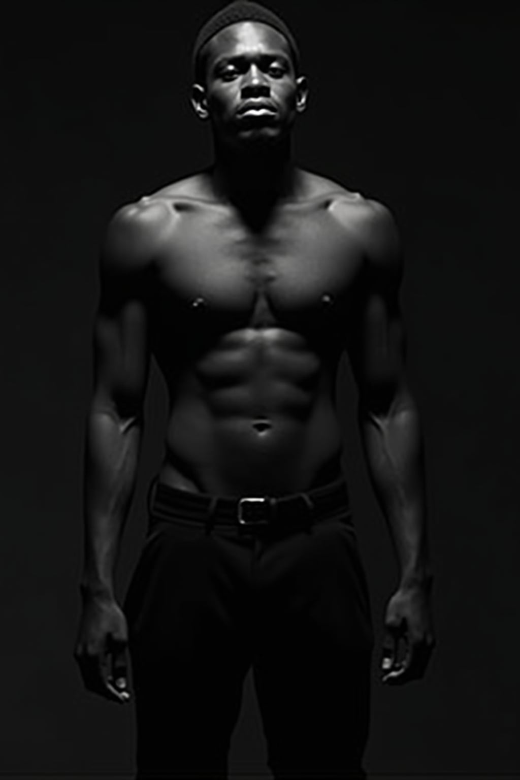 Black and white full body portrait of man with dramatic lighting.  Full body in high contrast. Artistic lighting composition.