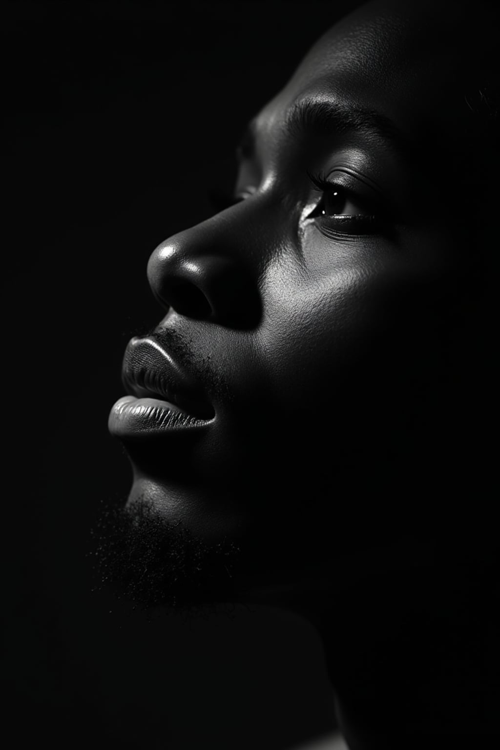 Black and white close-up portrait of man with dramatic shadows.  Strong jawline emphasized by contrast. High contrast lighting, artistic composition.