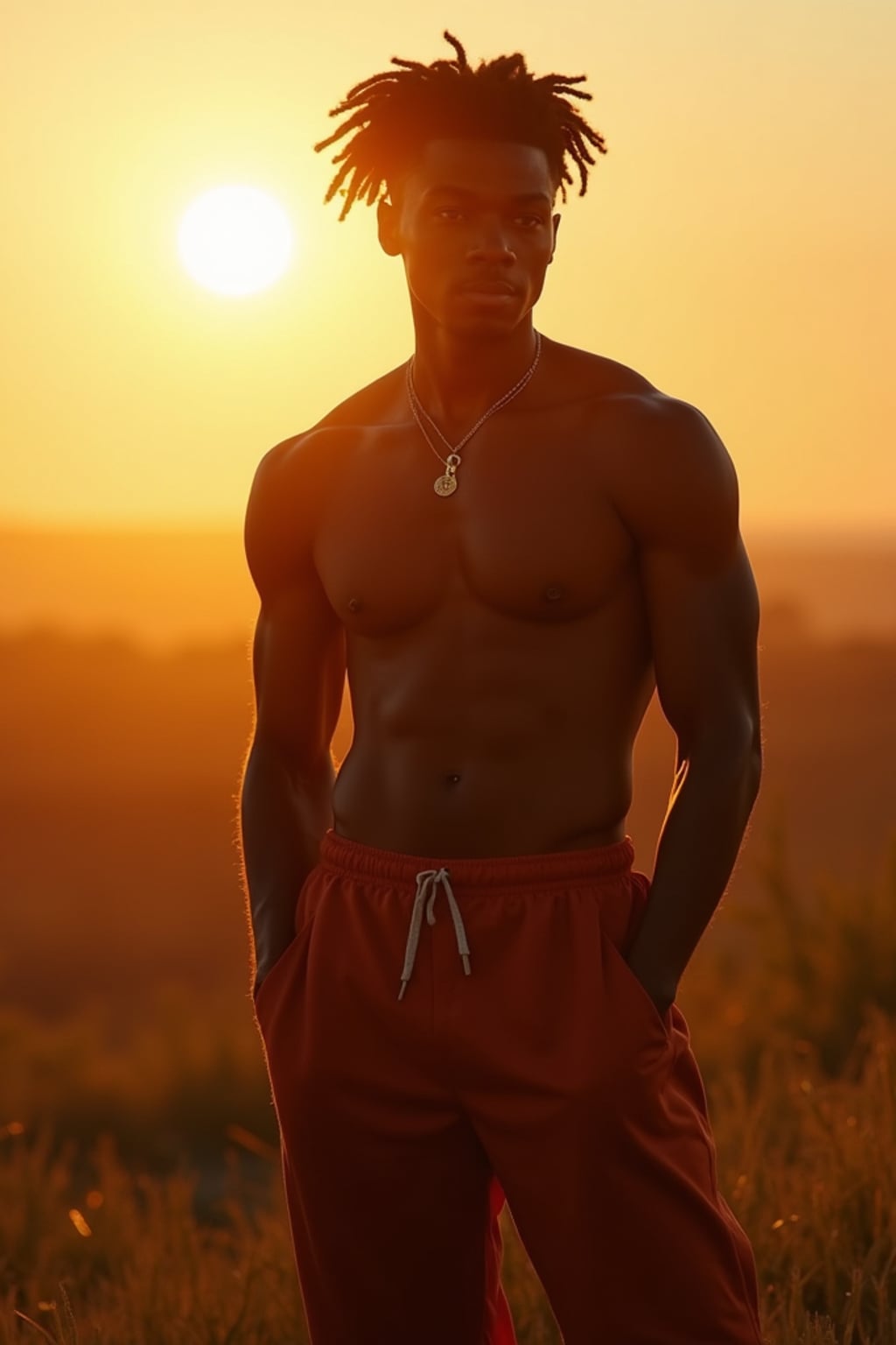 Full body golden hour portrait of man.  Complete look in sunset glow. Golden hour photography.