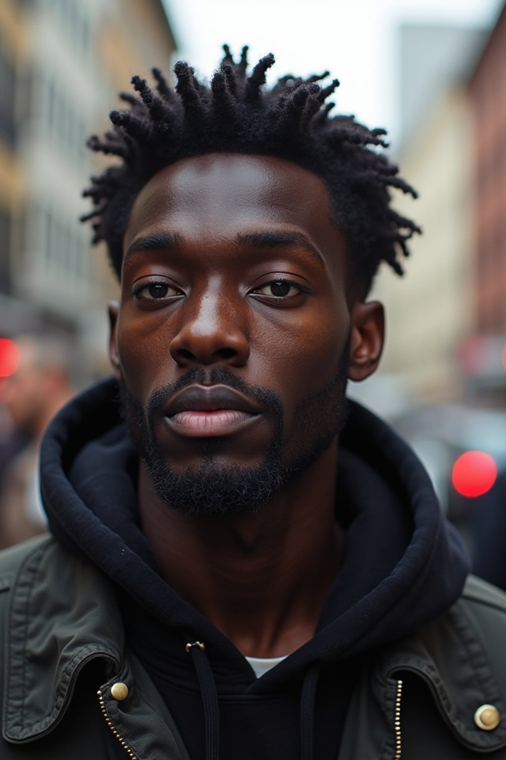 Model in a candid street photography style.  Intense moment, city backdrop. Documentary photography aesthetic.