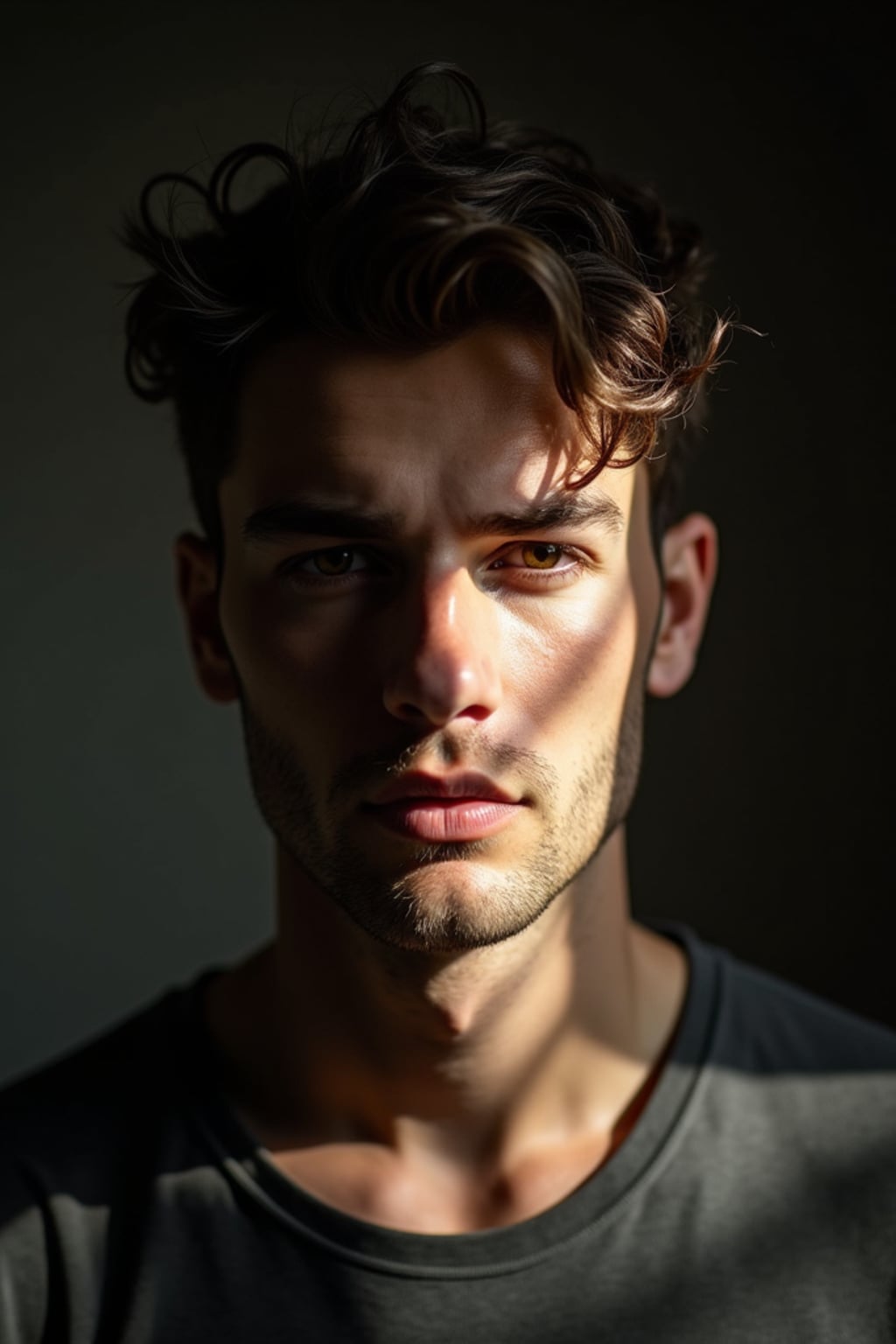 Artistic close-up of man with creative lighting.  Dramatic shadows creating visual interest. Experimental photography style.