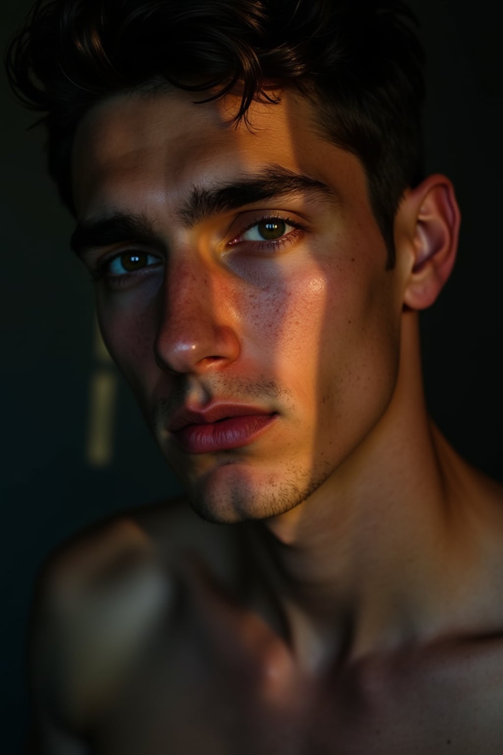 Artistic close-up of man with creative lighting.  Dramatic shadows creating visual interest. Experimental photography style.