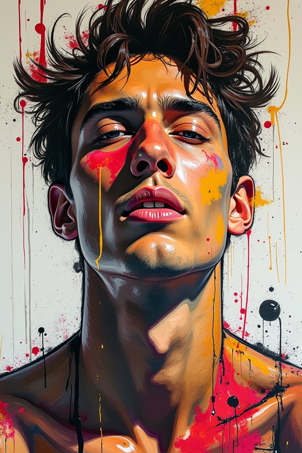 Model as an abstract expressionist portrait.  Bold gestures, artistic energy. Pollock-inspired style.