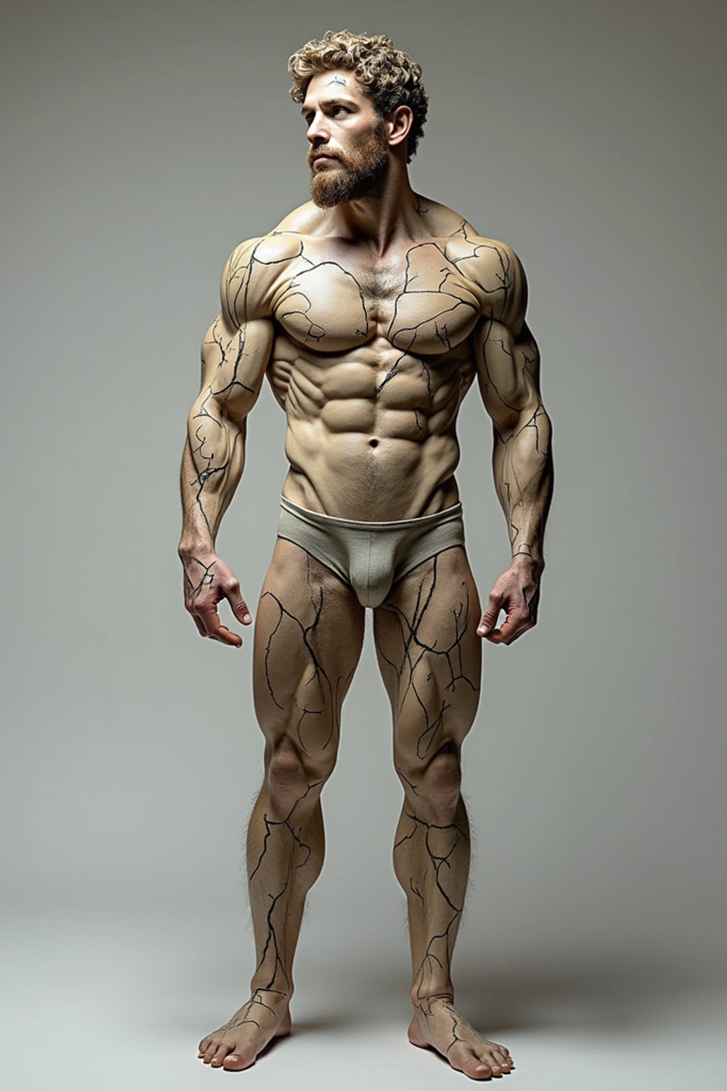 Full body portrait of man as a contemporary sculpture.  Abstract elements, creative composition. Gallery installation style.