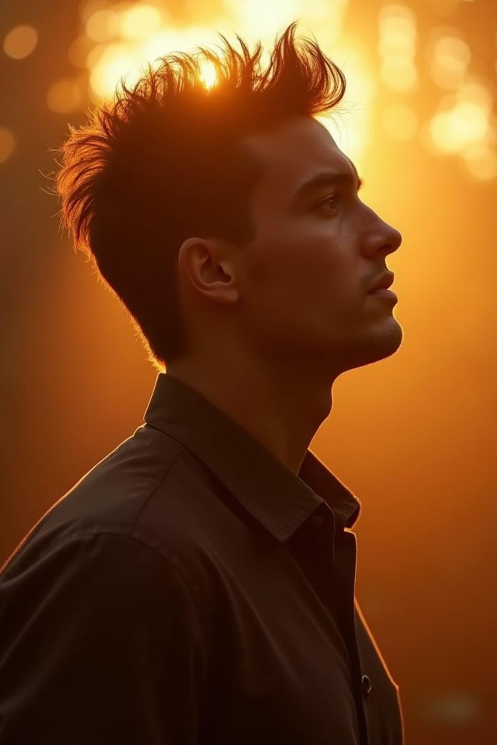 Model in a dreamy golden hour portrait.  Backlit silhouette, warm rim lighting. Soft bokeh background, magical atmosphere.