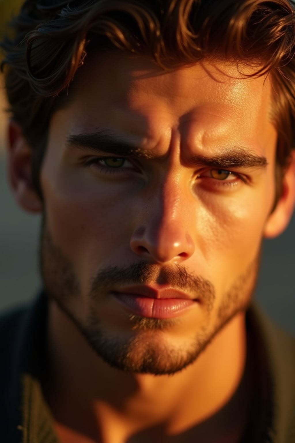 Extreme close-up portrait of man with golden hour lighting.  Strong facial features, warm shadows. Dramatic side lighting, cinematic quality.