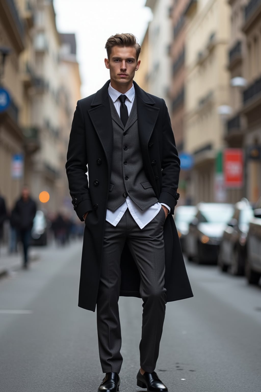 Full body street photography of man.  Confident stance in city setting. Street photography style.