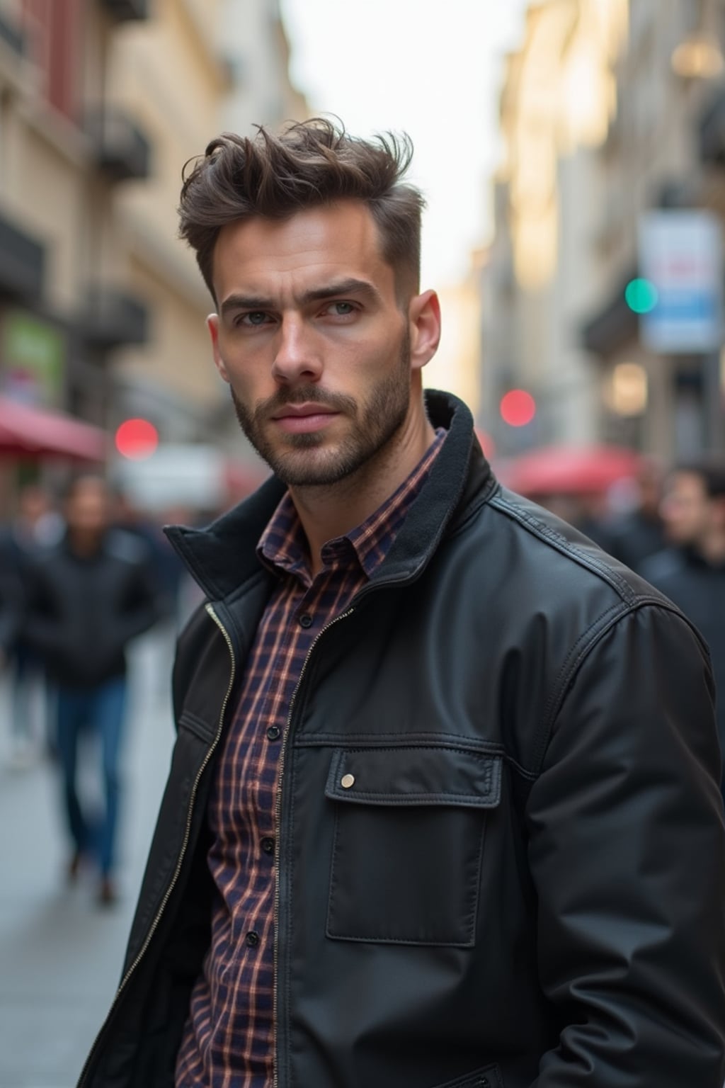 Full body street photography of man.  Confident stance in city setting. Street photography style.