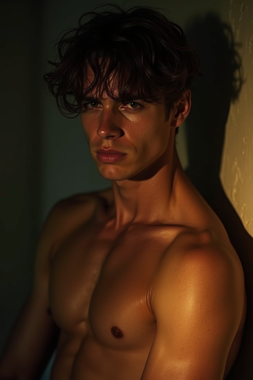 Model in an intimate environmental portrait.  Intense pose, warm lighting. Documentary style photography.