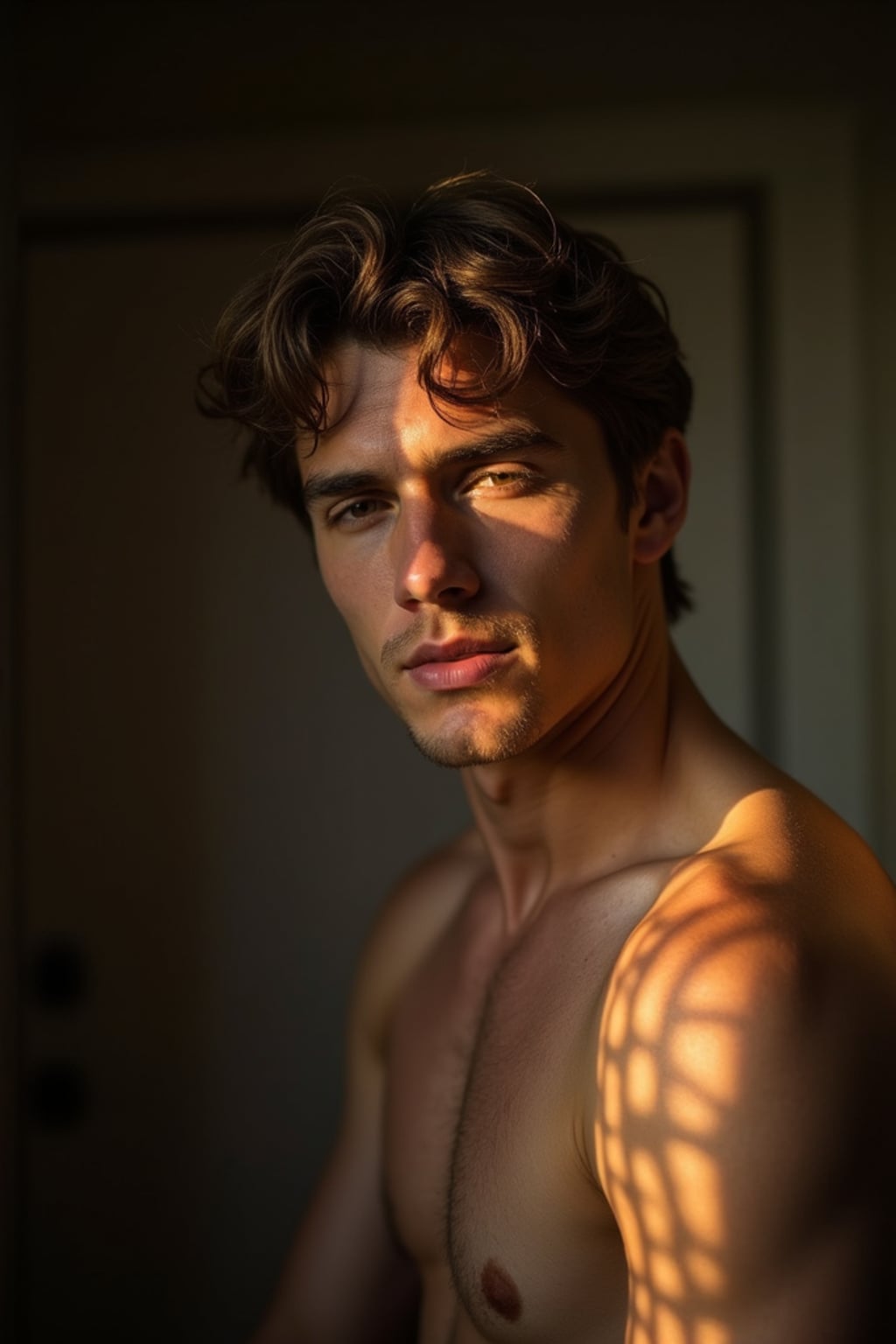 Model in an intimate environmental portrait.  Intense pose, warm lighting. Documentary style photography.