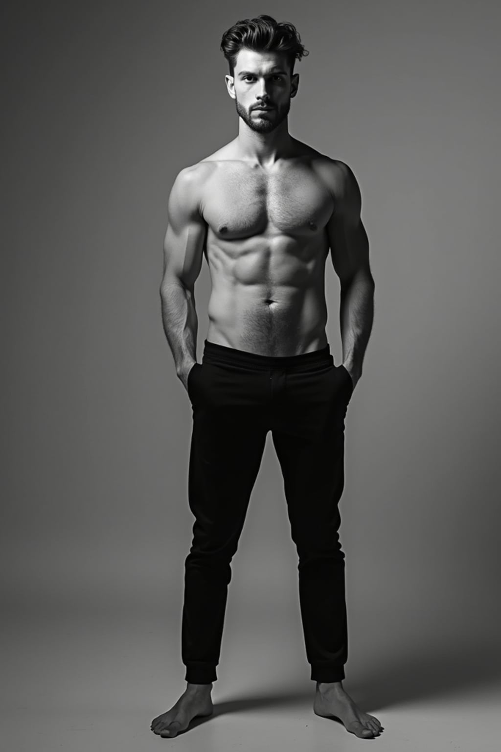 Black and white full body portrait of man.  Bold stance, striking composition. Artistic monochrome photography.
