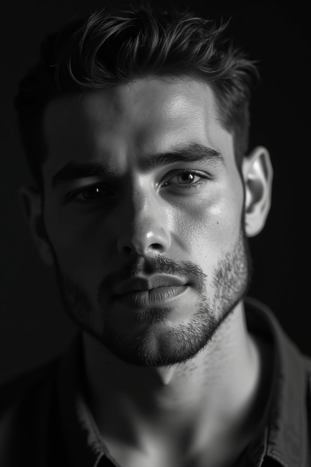 Black and white close-up portrait of man with creative lighting.  Strong features, dramatic shadows. High contrast black and white photography.