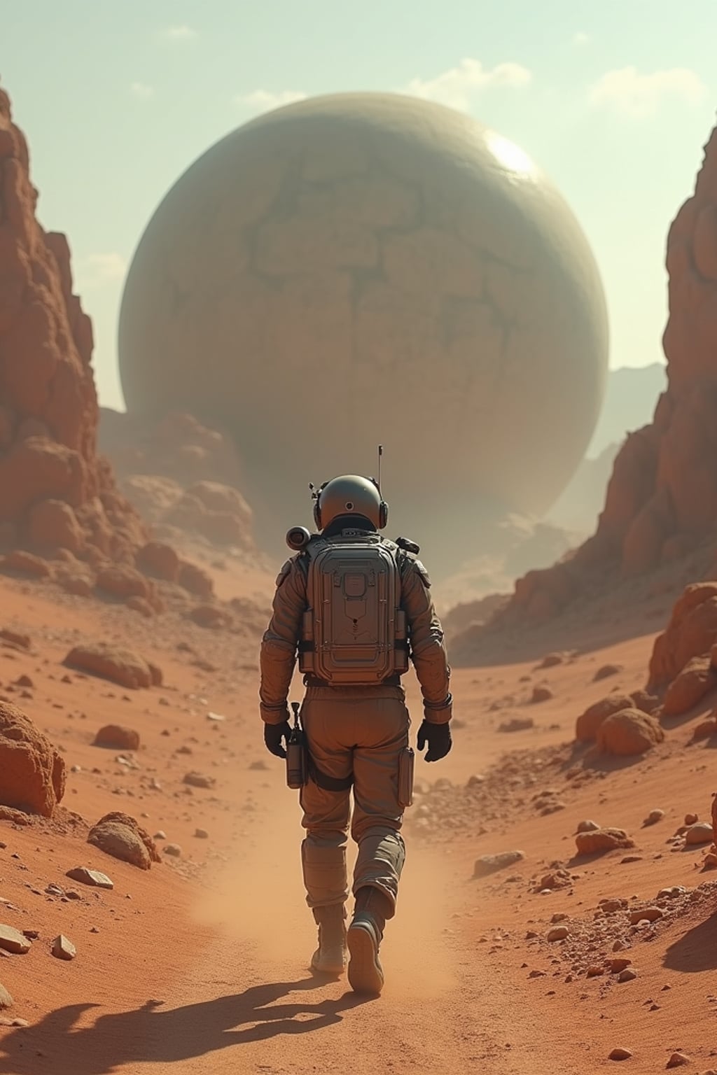 Model walking through a rocky alien desert toward a giant sphere structure.  Wearing tactical armor with oxygen pack and helmet. Futuristic Mars-like terrain, cinematic sci-fi style.