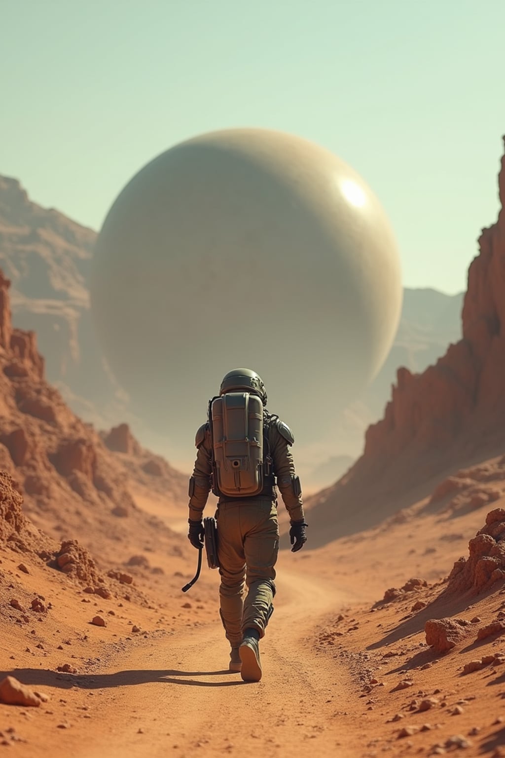 Model walking through a rocky alien desert toward a giant sphere structure.  Wearing tactical armor with oxygen pack and helmet. Futuristic Mars-like terrain, cinematic sci-fi style.