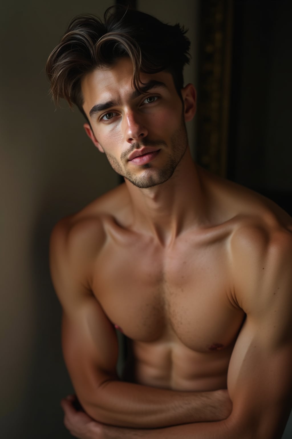 Model in a fine art boudoir style portrait.  Classic pose, intense expression. Soft natural lighting, painterly quality.
